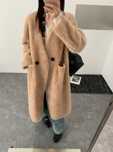 卢西西皮草100%羊毛皮毛一体外套女中长款宽松大衣羊羔毛皮草冬