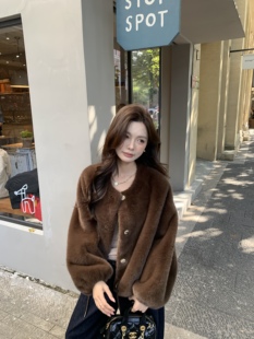 卢西西中古风仿水貂短款环保貂皮大衣毛毛皮草外套女2025新款秋冬