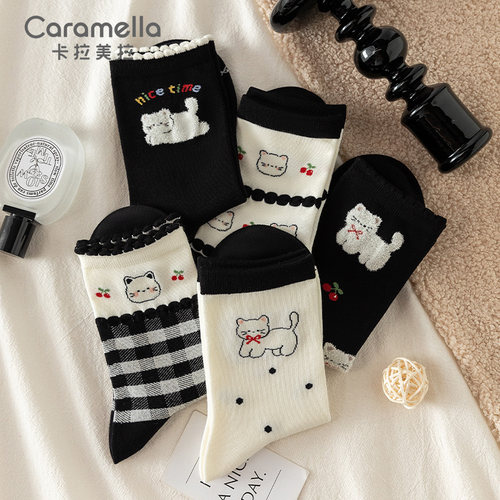 caramella夏季新款女士袜子女款棉袜少女长袜可爱中筒袜卡通女袜
