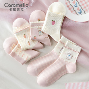 袜子女可爱日系中短筒棉袜 女袜薄款 caramella春秋季 碎花短袜新款