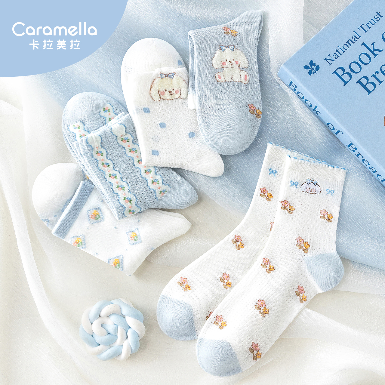 caramella女袜卡通袜中筒棉袜可爱透气网眼夏季中筒袜短袜花边