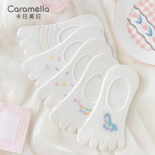 caramella卡通可爱五指袜女夏季薄款浅口隐形袜子防滑不掉跟棉袜
