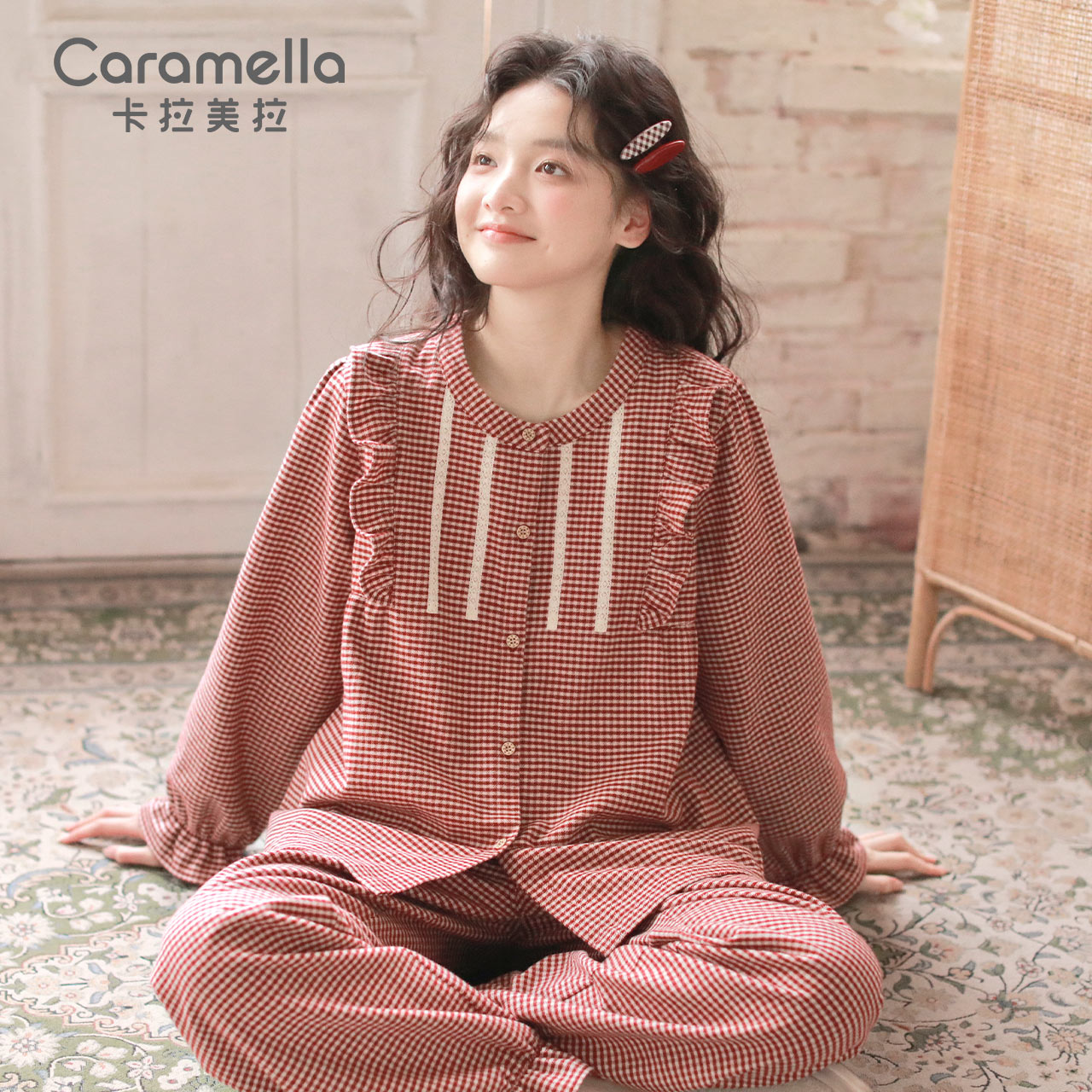 卡拉美拉2025新品睡衣女家居服套装纯棉花边甜美可爱长袖长裤女士