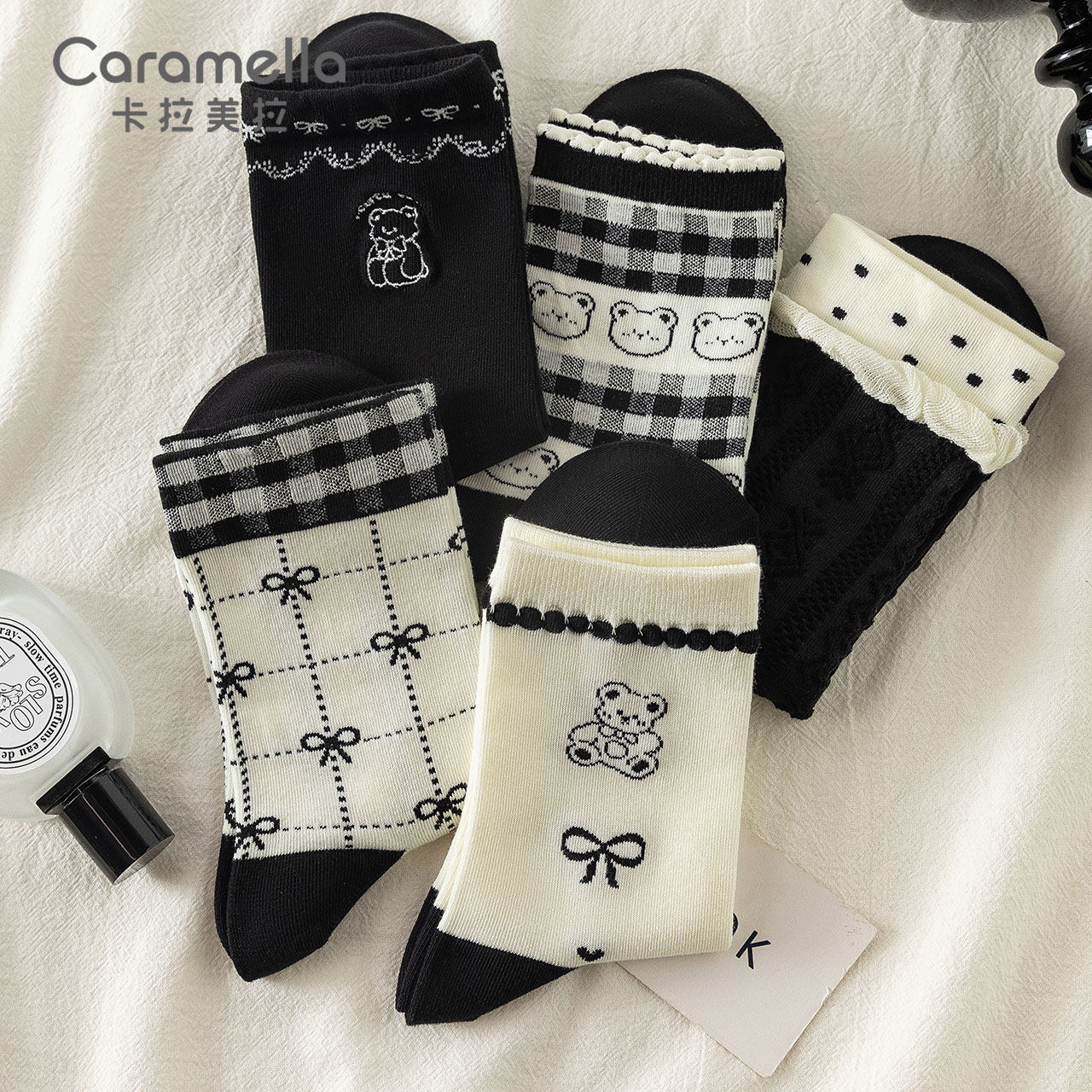 caramella袜子女秋冬款中筒袜精梳棉可爱棉袜女士长筒袜百搭