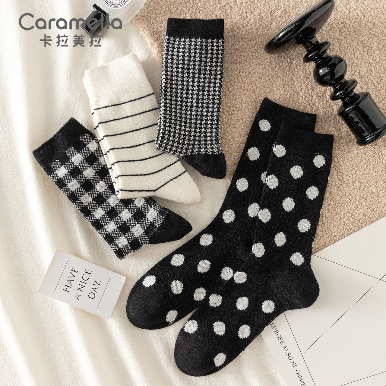 caramella女袜秋冬新款羊毛袜女士长袜加厚袜子保暖女款袜中筒袜