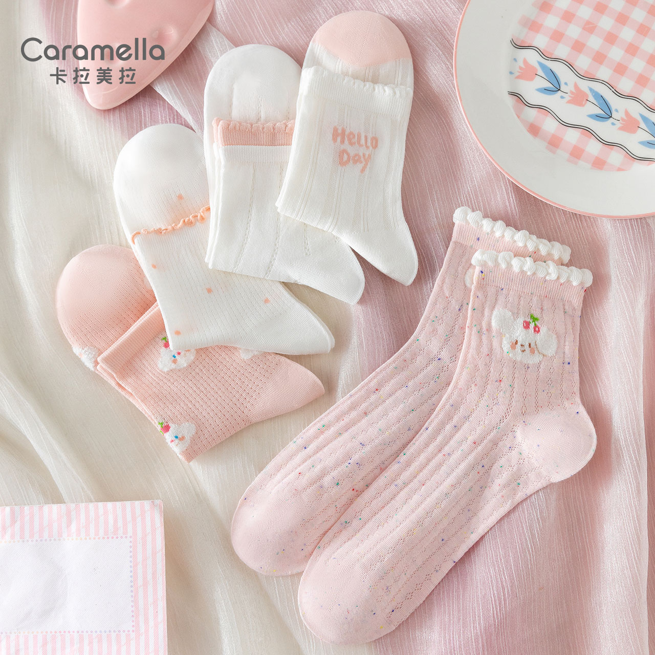 caramella春夏新品可爱袜子女生爆款网眼透气少女卡通粉色中