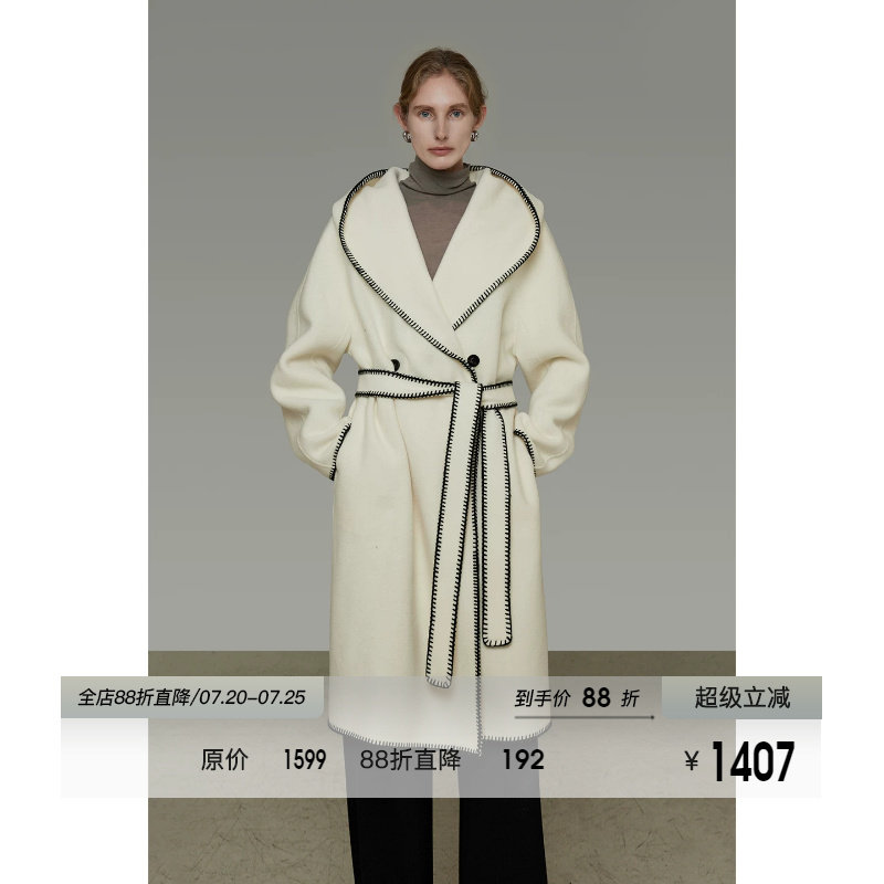 UNSPOKEN100羊毛撞色连帽双面呢大衣女冬季慵懒感中长款毛呢外套
