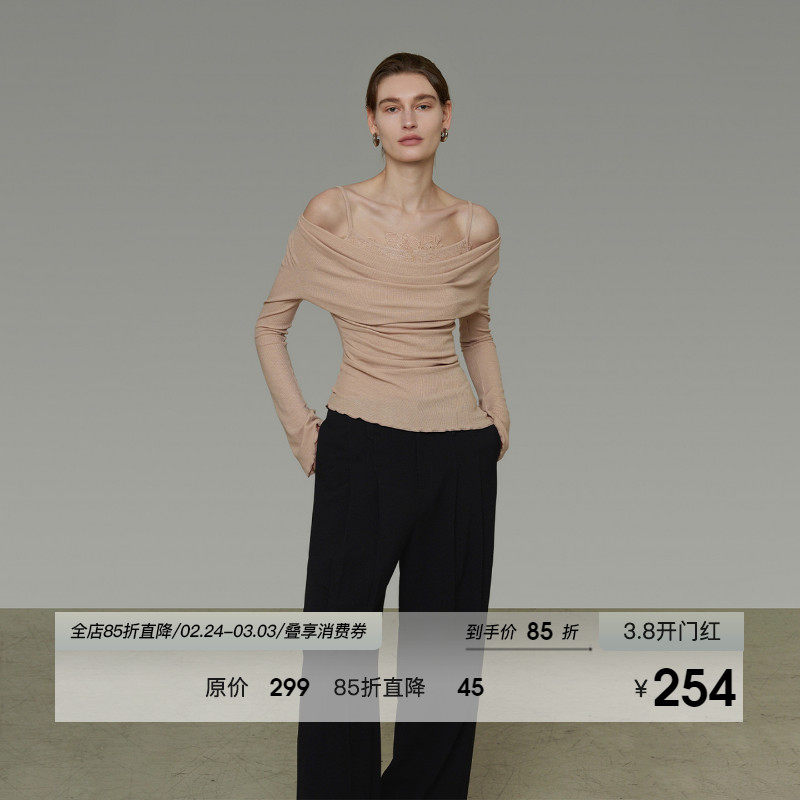 UNSPOKEN假两件荡领蕾丝拼接针织衫女春季设计感修身显瘦气质上衣