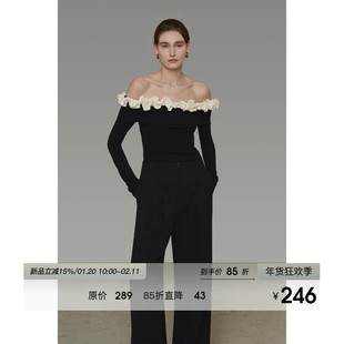 UNSPOKEN撞色木耳边针织衫一字肩柔美灵动长袖修身上衣女2026新款