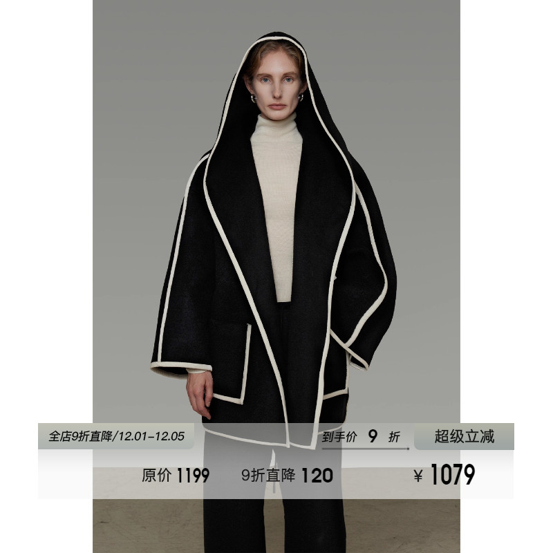 UNSPOKEN撞色连帽双面呢外套