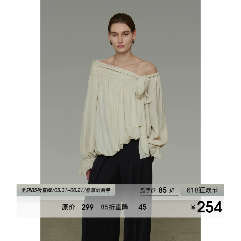 UNSPOKEN法式不规则斜肩衬衫女春季2026新款设计感系带露肩上衣