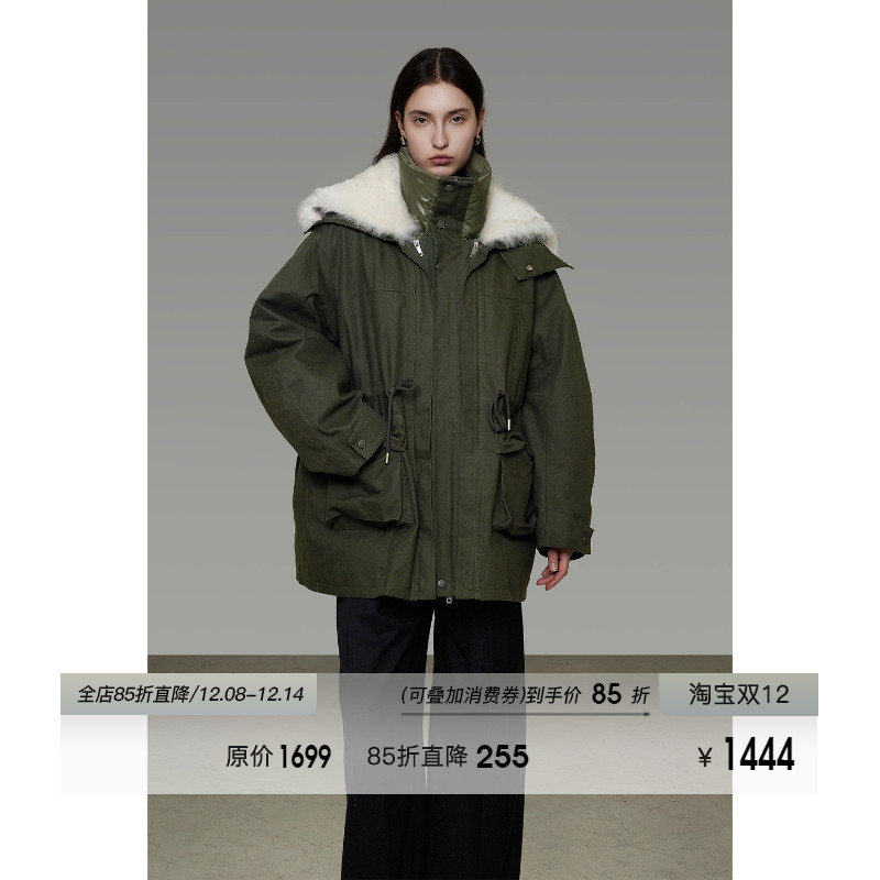 UNSPOKEN大毛领立领抽绳羽绒服冬季宽松廓形设计感多口袋厚款外套