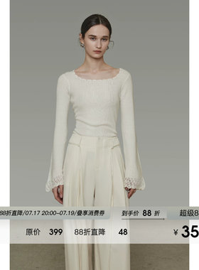 UNSPOKEN手工钩针花边针织衫女秋2026新款原创设计感喇叭袖打底衫