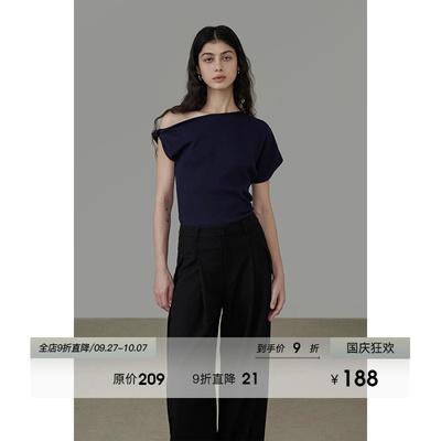 UNSPOKEN斜肩T恤女露肩气质高级设计感修身不对称斜肩上衣夏新款