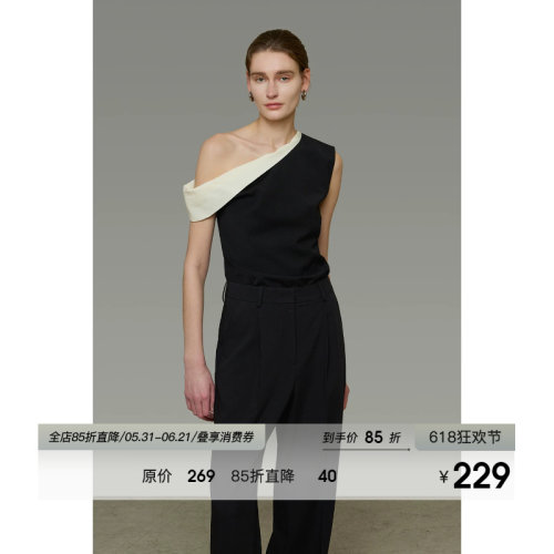 UNSPOKEN2026夏装新款黑白撞色上衣女斜肩高级设计感法式气质T恤