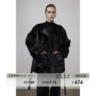 簡約高級感中長款 UNSPOKEN黑色皮毛一體外套女冬2025新款 毛毛大衣