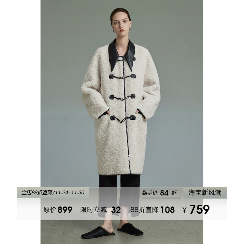 UNSPOKEN羊羔毛牛角扣毛呢大衣