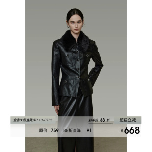 UNSPOKEN毛领拼接短款西装皮衣女秋冬2026新款修身显瘦设计感上衣