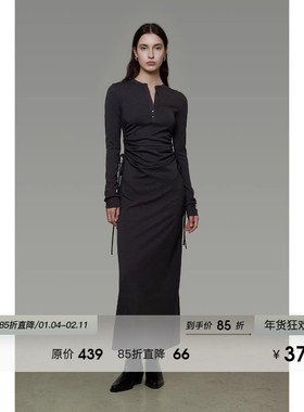 UNSPOKEN抽褶修身长袖连衣裙女春装显瘦小众设计感半开襟长裙子