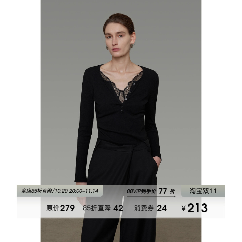 UNSPOKEN极简蕾丝V领修身针织衫