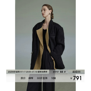 UNSPOKEN黑色加厚毛呢西装外套女冬季保暖防风高级感宽松呢子大衣