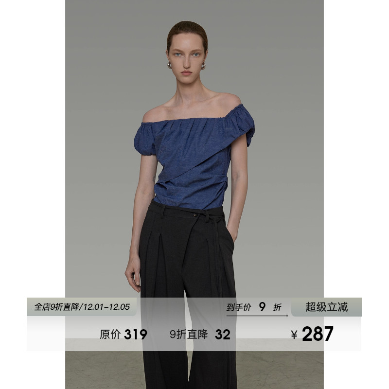 UNSPOKEN不对称一字肩短袖衬衫女2025夏季新款修身显瘦高级感上衣