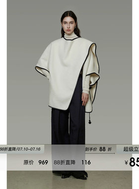 UNSPOKEN不规则围巾领毛呢外套女冬季宽松廓形设计感撞色羊毛大衣
