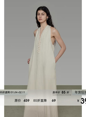 UNSPOKEN挂脖V领连衣裙女2025夏季新款无袖宽松简约设计感A字长裙