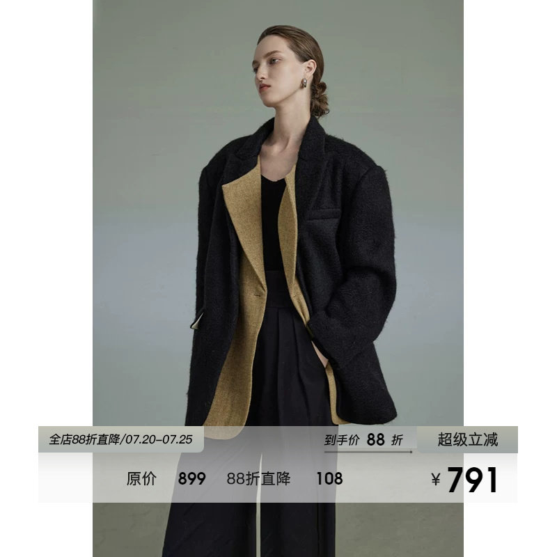 UNSPOKEN黑色加厚毛呢西装外套女冬季保暖防风高级感宽松呢子大衣