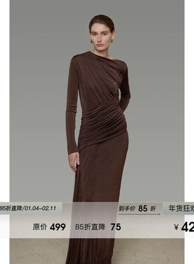 UNSPOKEN法式复古不对称领口连衣裙女春季修身气质高级感显瘦长裙