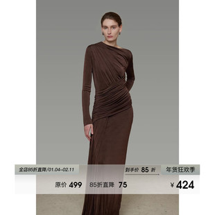 UNSPOKEN法式复古不对称领口连衣裙女春季修身气质高级感显瘦长裙