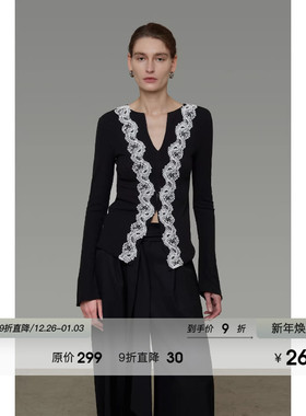 UNSPOKEN蕾丝拼接V领针织衫女2026春装新款原创设计感显瘦打底衫