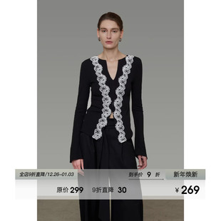 原创设计感显瘦打底衫 新款 女2026春装 UNSPOKEN蕾丝拼接V领针织衫