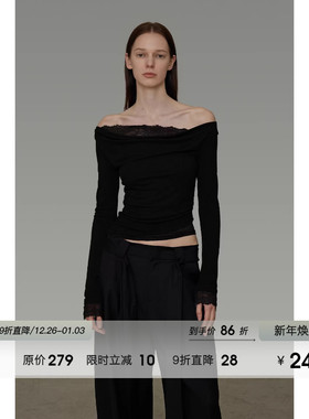 UNSPOKEN蕾丝拼接一字肩针织衫女2026春季新款简约高级感修身上衣