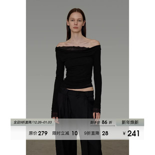 简约高级感修身 新款 上衣 女2026春季 UNSPOKEN蕾丝拼接一字肩针织衫