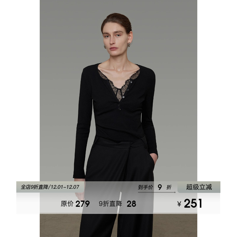 UNSPOKEN极简蕾丝V领修身针织衫