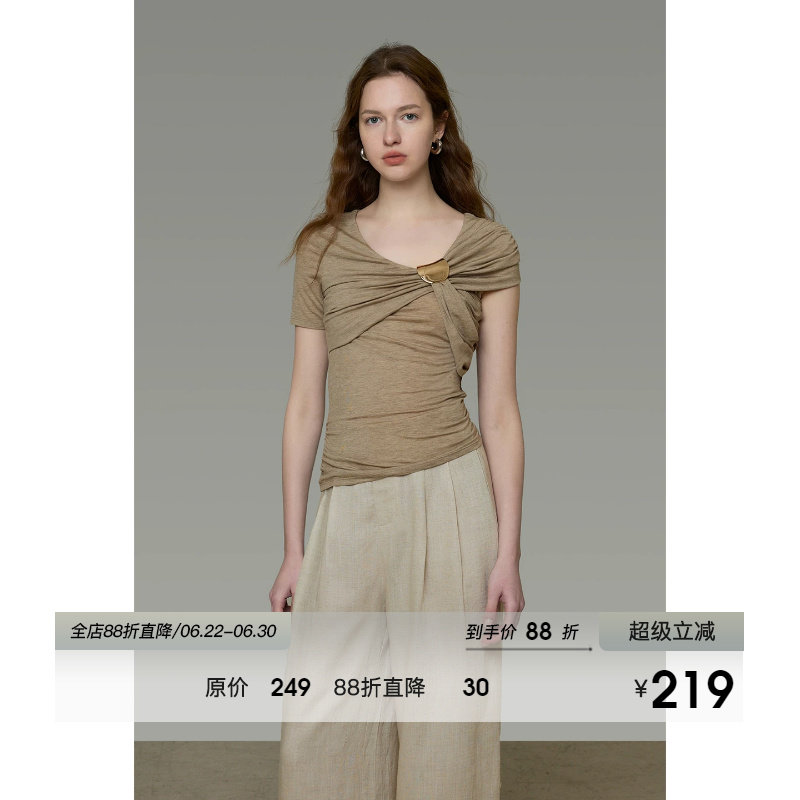 UNSPOKEN金属扣针织衫女高级设计感小众交叉扭褶显瘦气质短袖上衣