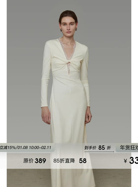 UNSPOKEN扭结V领蕾丝拼接连衣裙女春2026新款修身显瘦设计感长裙