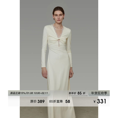 UNSPOKEN扭结V领蕾丝拼接连衣裙女春2026新款修身显瘦设计感长裙