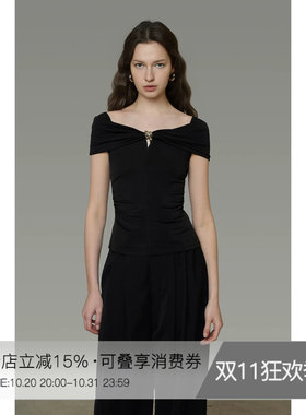 UNSPOKEN短袖针织衫女一字肩设计高级感扭结小众气质法式露肩上衣