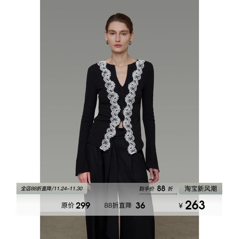 UNSPOKEN蕾丝拼接V领针织衫