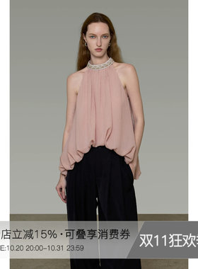 UNSPOKEN挂脖背心女粉色设计感钉珠小众气质露肩宽松显瘦无袖上衣