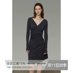 UNSPOKEN长袖针织连衣裙V领气质修身收腰中裙法式高级感百搭裙子
