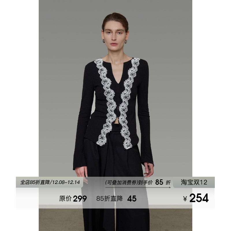 UNSPOKEN蕾丝拼接V领针织衫