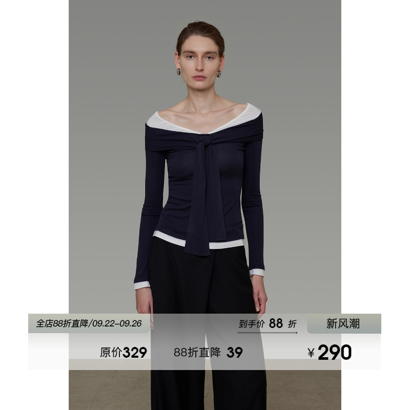 UNSPOKEN假两件一字肩针织衫女2025秋季新款设计感撞色系带上衣