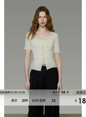 UNSPOKEN法式蕾丝边上衣女修身气质立体扭结设计高级感短袖针织衫