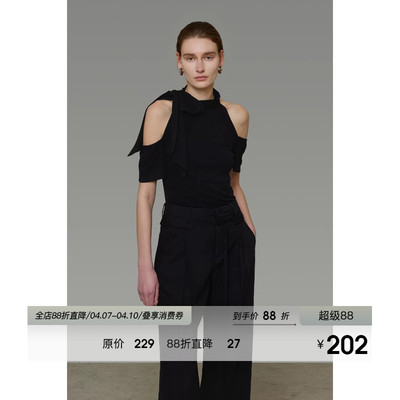 UNSPOKEN2026夏季新款黑色针织衫女短袖挖肩设计小众气质百搭上衣