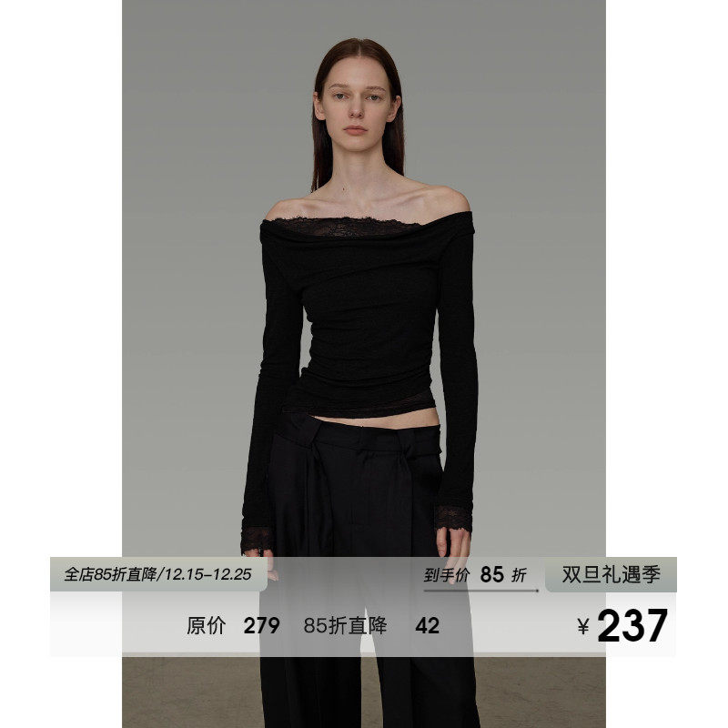 UNSPOKEN蕾丝拼接一字肩针织衫女2025秋季新款简约高级感修身上衣