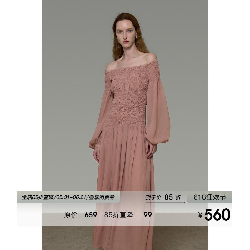 UNSPOKEN法式一字肩连衣裙独特打揽气质高级感修身小众设计感长裙