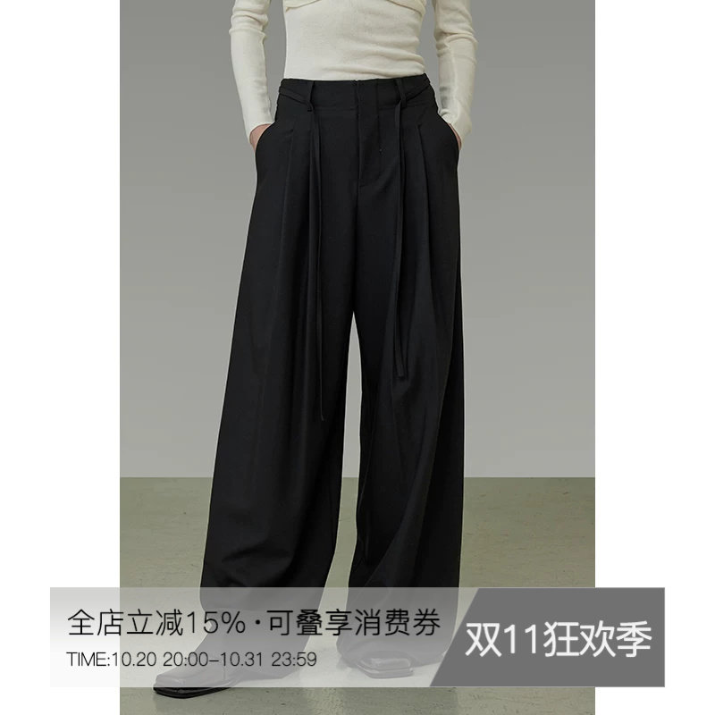UNSPOKEN黑色系带压褶阔腿裤女秋季2026新款宽松高级感显瘦长裤子